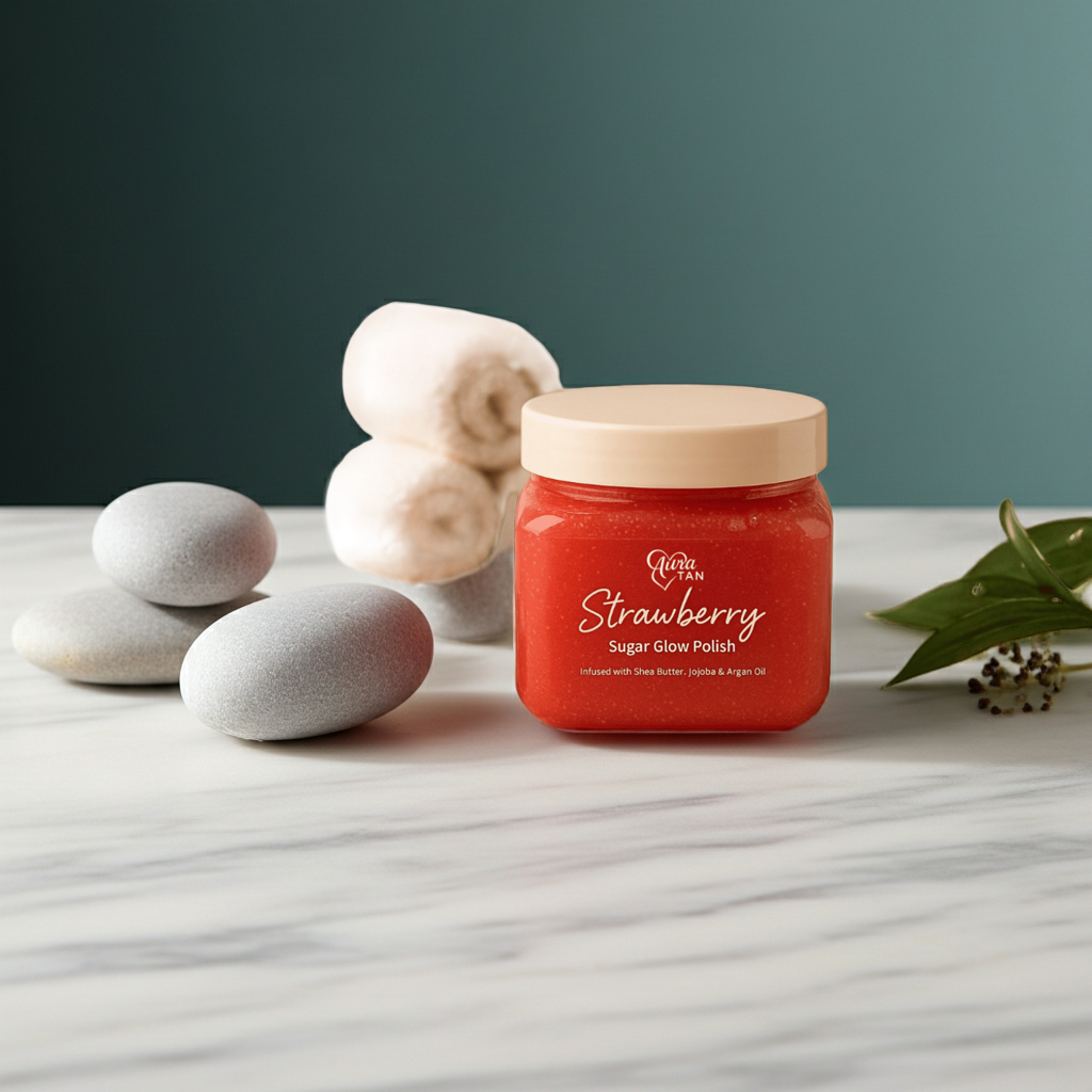 Aura Tan Strawberry Sugar Glow Polish - 210g Sugar Body Scrub Infused with Shea Butter, Jojoba Oil and Argan Oil. Vegan & Cruelty Free