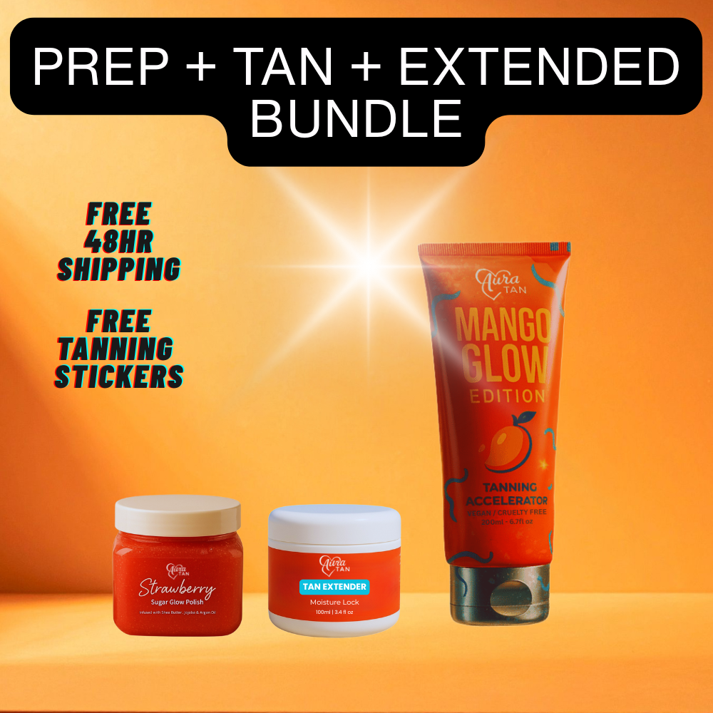 Prep + Tan + Extend Bundle (Mango) - 1x 200ml Mango Glow Tanning Accelerator, 1x 200g Body Scrub, 1x 100ml Tan Extender. Vegan & Cruelty Free