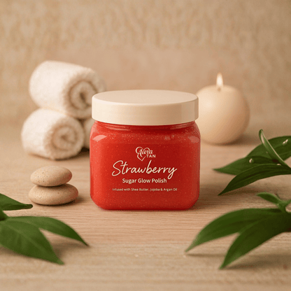 Aura Tan Strawberry Sugar Glow Polish - 210g Sugar Body Scrub Infused with Shea Butter, Jojoba Oil and Argan Oil. Vegan & Cruelty Free