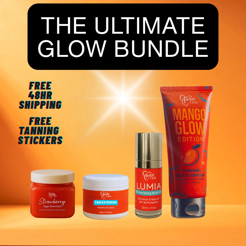 Ultimate Glow Bundle - 1x 200ml Mango Glow Tanning Accelerator, 1x Shimmer Oil, 1x 200g Body Scrub, 1x 100ml Tan Extender. Vegan & Cruelty Free