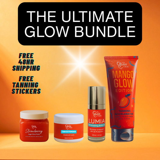 Ultimate Glow Bundle - 1x 200ml Mango Glow Tanning Accelerator, 1x Shimmer Oil, 1x 200g Body Scrub, 1x 100ml Tan Extender. Vegan & Cruelty Free