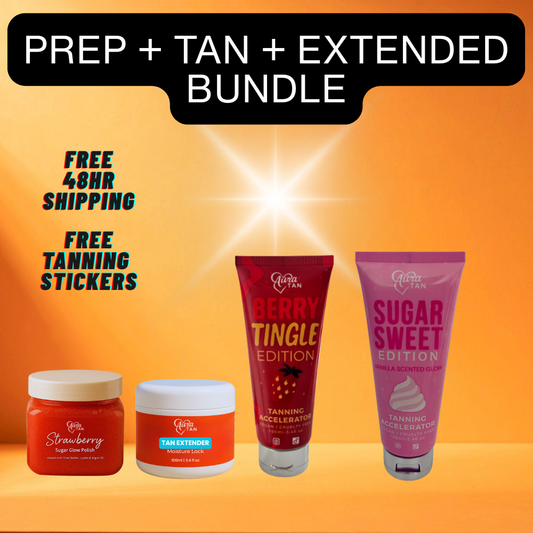 Prep + Tan + Extend Bundle (Berry or Sugar) - 1x 100ml Berry Tingle or 1x 100ml Sugar Sweet Tanning Accelerator, 1x 200g Body Scrub, 1x 100ml Tan Extender. Vegan & Cruelty Free